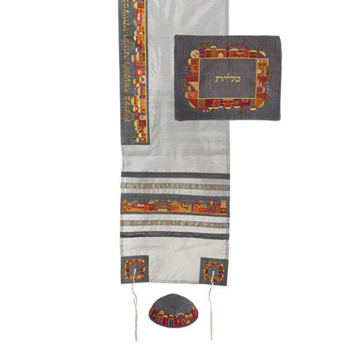 Emanuel Embroidered Tallit Set-- Jerusalem, Gray (EM-TAB2GR)