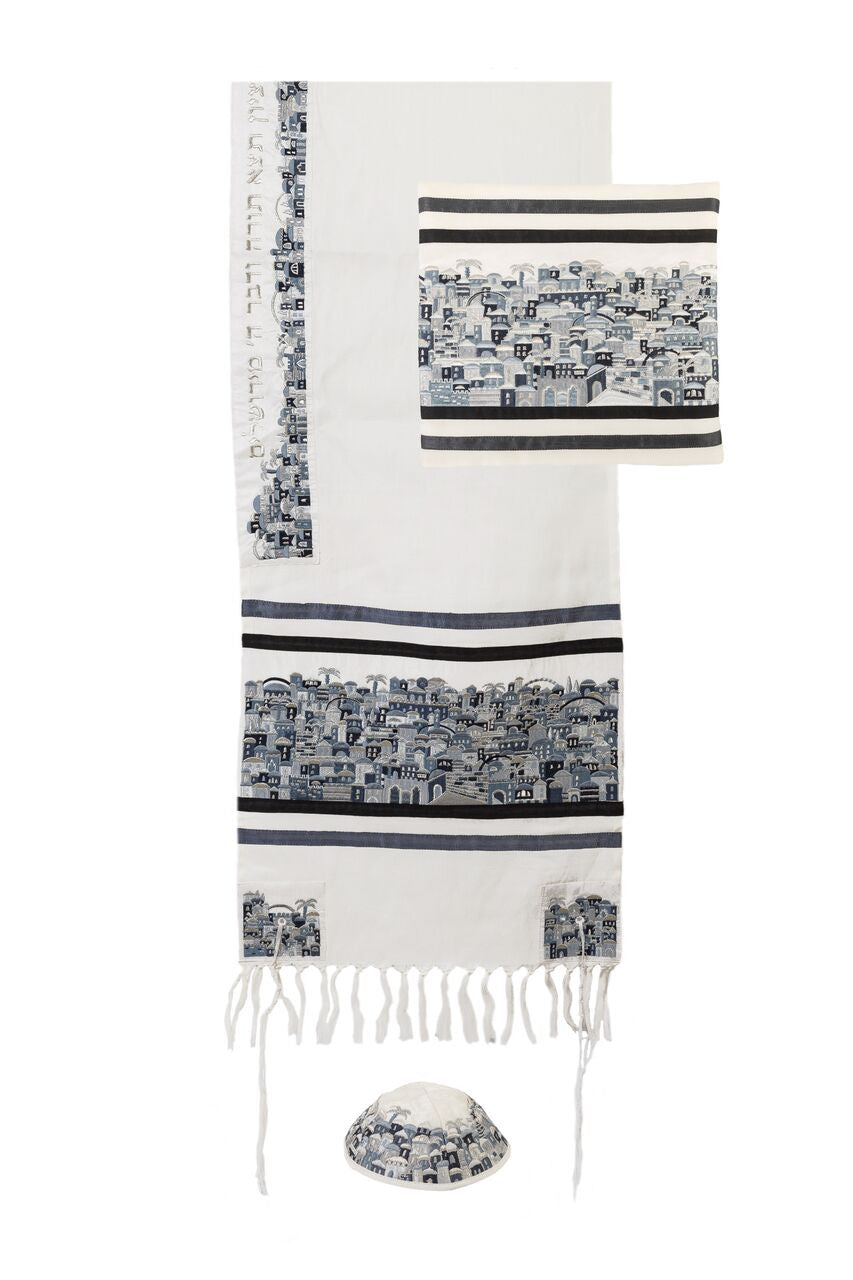 Emanuel Tallit Embroidered Jerusalem - Black & White (EM-TAK4)