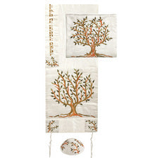 Raw Silk Machine Embroidered Tallit Tree of Life Brown/Green (EM-TAC1) - Riverdale Judaica