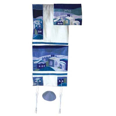 Yair emanuel Embroidered Raw Silk Tallit - Jerusalem blue TFA-3B - Riverdale Judaica