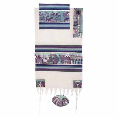 Yair Emanuel Embroidered Cotton Tallit -Jerusalem in blue TFE-3 - Riverdale Judaica