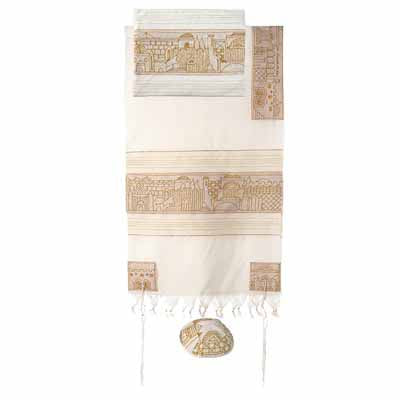 Yair Emanuel Embroidered Cotton Tallit -Jerusalem in gold TFE-5 - Riverdale Judaica