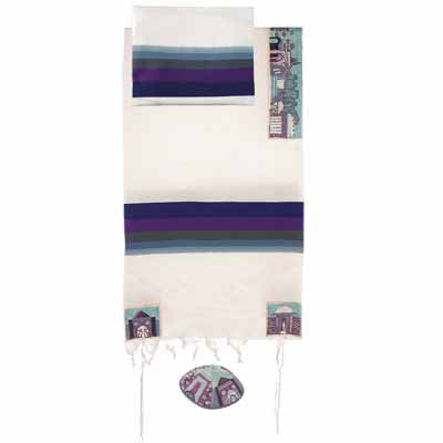 Yair Emanuel Embroidered Cotton Tallit - Jerusalem in blue THE-2 - Riverdale Judaica