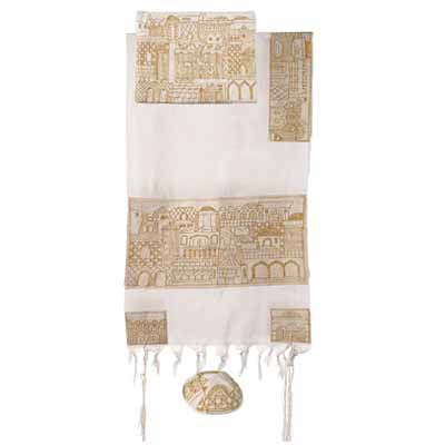 Yair emanuel Completely Embroidered Tallit - Jerusalem in gold 18 x 77 TNE-2 - Riverdale Judaica