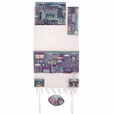 Yair emanuel Completely Embroidered Tallit - Jerusalem in blue 18 x77 TNE-3 - Riverdale Judaica
