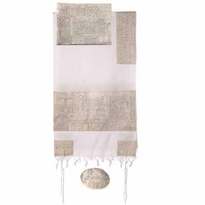 Yair emanuel Completely Embroidered Tallit - Jerusalem in silver 18 x 77 TNE-4 - Riverdale Judaica