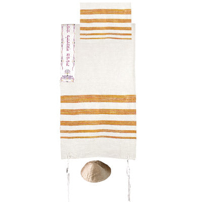 Yair emanuel hand woven Raw Silk Tallit with Embroidered Atara - Orange TSW-5 - Riverdale Judaica