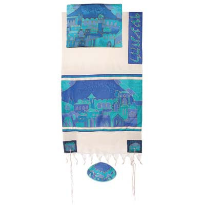 Yair emanuel Cotton and Silk Tallit - Jerusalem gate in blue TWS-11 - Riverdale Judaica