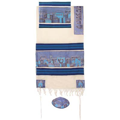 Yair emanuel Cotton and Silk Tallit - Jerusalem in blue TWS-4 - Riverdale Judaica