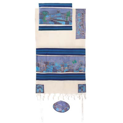 Yair emanuel Cotton and Silk Tallit - Jerusalem Dove in blue TWS-6 - Riverdale Judaica