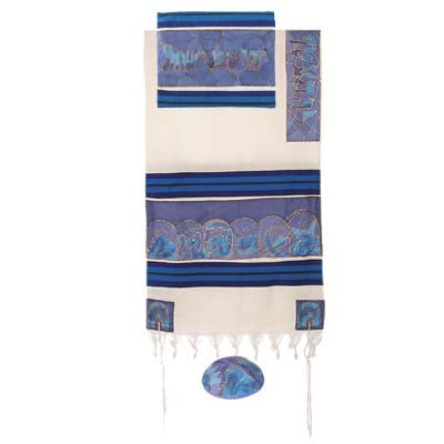 Yair emanuel Cotton and Silk Tallit - The twelve Tribes in blue TWS-9 - Riverdale Judaica
