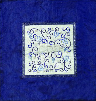 Embroidered Matzah Cover Pomegranates White on Blue (EM-MMD1) - Riverdale Judaica