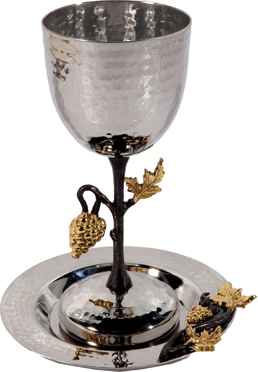 Emanuel Tall Hammered Kiddush Cup with Grape Branch (EM-CUN2) - Riverdale Judaica