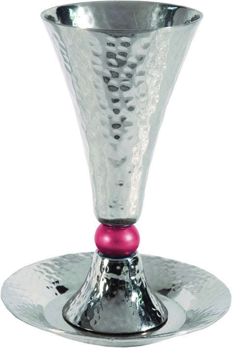 Anodized Aluminum Kiddush Cup & Tray Hammered Cone Shape- Silver / Red (EM-CUC3) - Riverdale Judaica