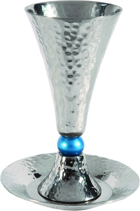 Anodized Aluminum Kiddush Cup & Tray Hammered Cone Shape Silver / Turquoise (EM-CUC4) - Riverdale Judaica