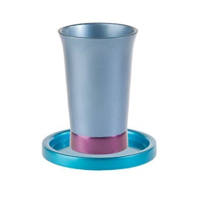 Anodized Aluminum Kiddush Cup and Saucer Blue / Maroon (EM-GM2) - Riverdale Judaica