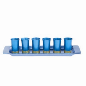 Set of 6 Anodized Aluminum Cups with Tray Turquoise (EM-GS6D) - Riverdale Judaica