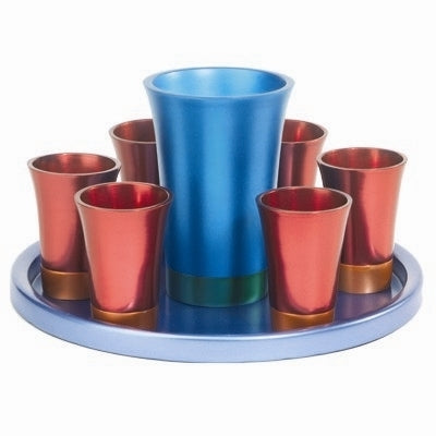 Anodized Aluminum Kiddush Set with Tray Maroon/ Blue (EM-GSS4) - Riverdale Judaica
