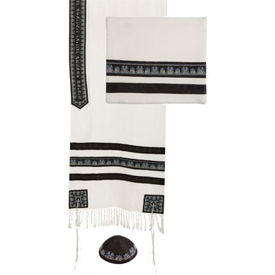 Embroidered Stripes Tallit - White / Black (EM-TAD1BL) - Riverdale Judaica