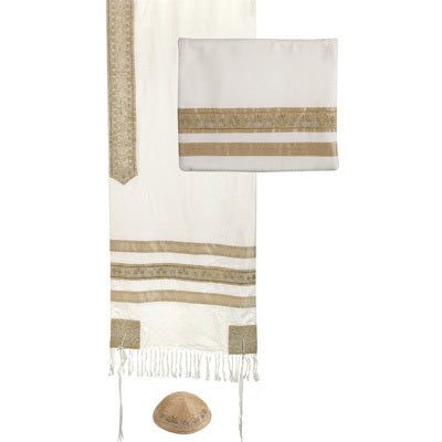 Embroidered Stripes Tallit - White / Gold (EM-TAD1G) - Riverdale Judaica