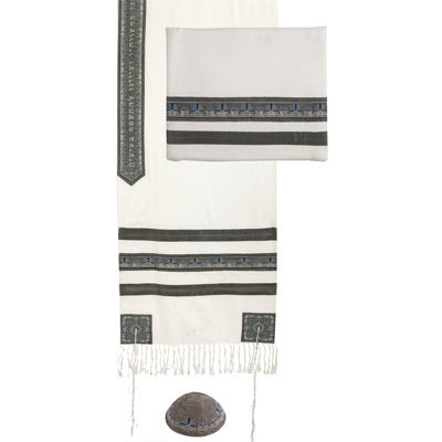 Embroidered Stripes Tallit - White / Grey (EM-TAD1GR) - Riverdale Judaica