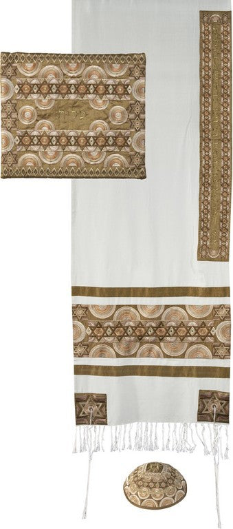 Embroidered Raw Silk Tallit - Magen David Rainbow Gold (EM-TAH1G) - Riverdale Judaica