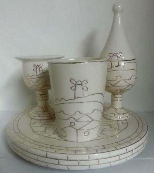 Karshi Ceramic 4pc Havdallah Set Jerusalem of Gold -Cream & Gold (HV-5954) - Riverdale Judaica
