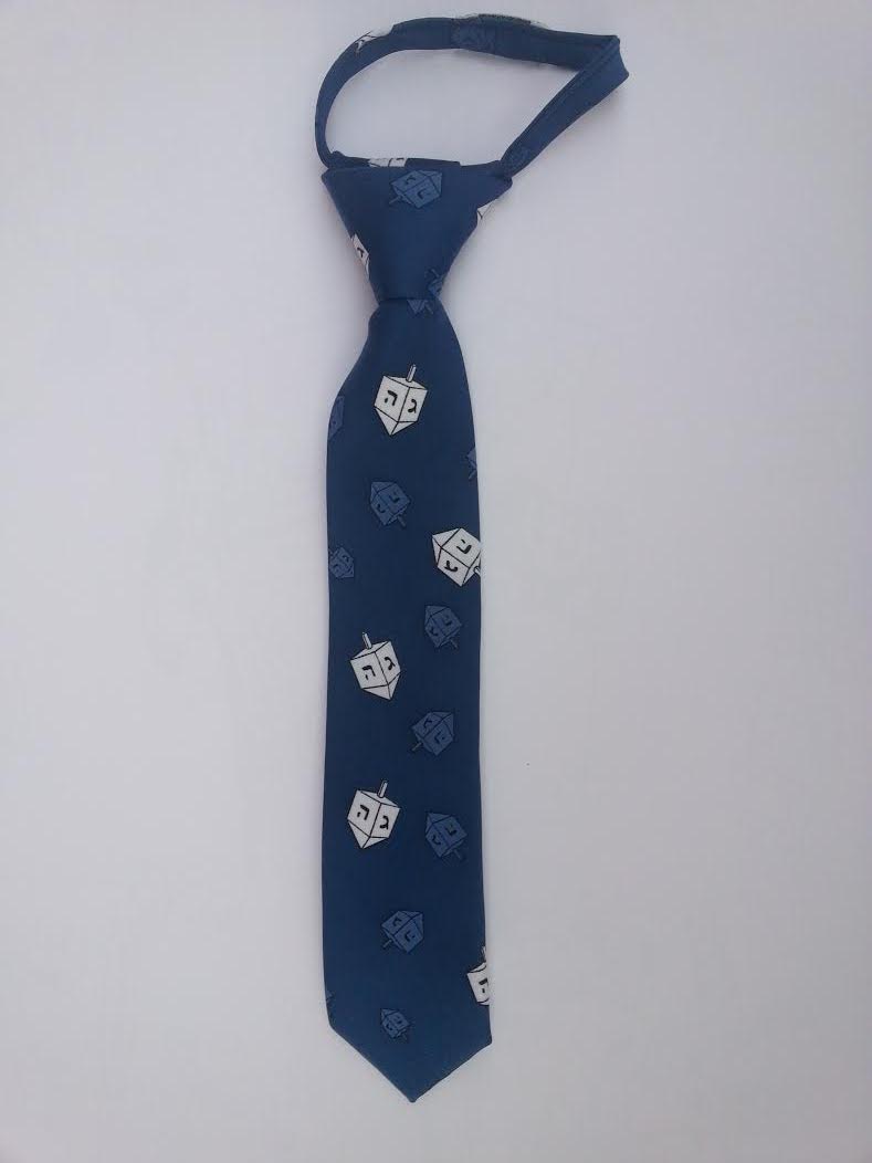 chanukah dreidel tie for kids with zipper, Big size 14", blue (TIE#8-3) - Riverdale Judaica