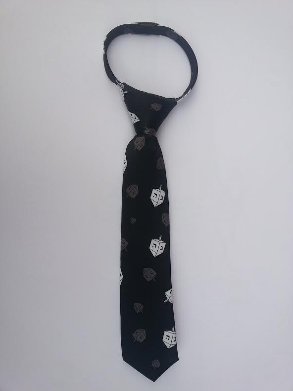 chanukah dreidel tie for kids with zipper, Big size 14", black (TIE#8-4) - Riverdale Judaica