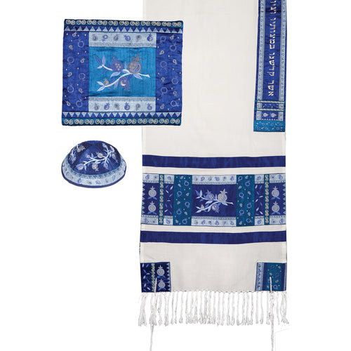 Tallit- Full Embroiderey Pomegranates- Blue (EM-TAH3B) - Riverdale Judaica