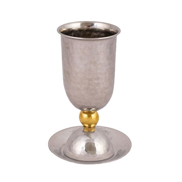 Hammered Aluminum Kiddush Cup and Plate Silver with Brass Ball (EM-CUM1)