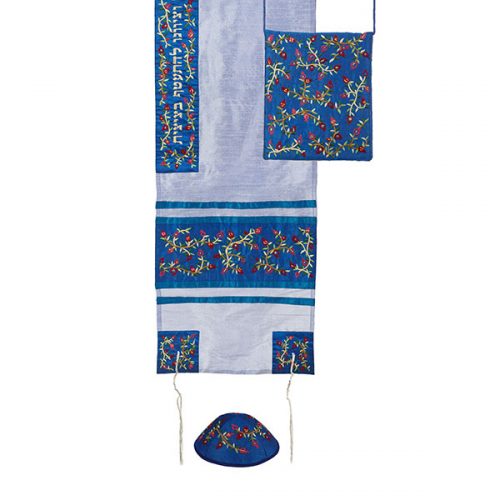 Emanuel Embroidered Tallit Set - Pomegranates, Light Blue (EM-TAB4L)