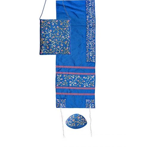 Emanuel Machine Embroidered Tallit Set - Flowers, Blue (EM-TAB1B)