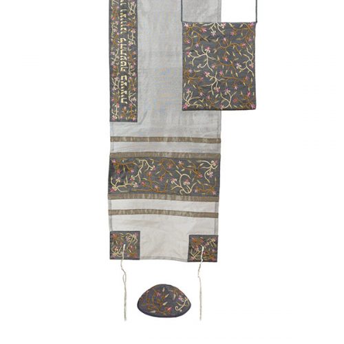 Emanuel Machine Embroidered Tallit Set - Flowers, Gray (EM-TAB1GR)