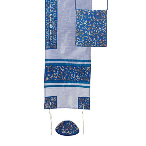 Emanuel Machine Embroidered Tallit Set - Flowers, Light Blue (EM-TAB1L)