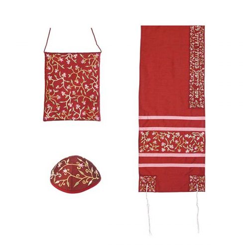 Emanuel Machine Embroidered Tallit Set - Flowers, Maroon (EM-TAB1M)