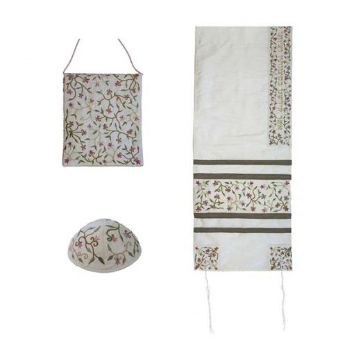 Emanuel Machine Embroidered Tallit Set - Flowers, White (EM-TAB1W)