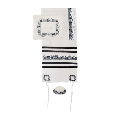 Emanuel Embroidered Tallit Set - Jerusalem, Black & White (EM-TAB2BL)