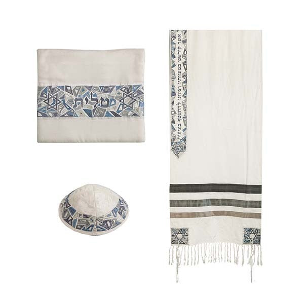 Embroidered Raw Silk Tallit - Magen David-Grey (EM-TAE1GR)