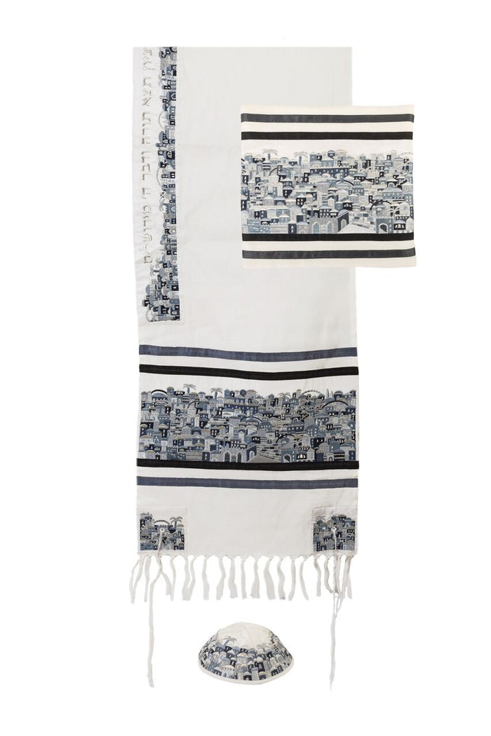 Emanuel Tallit Embroidered Jerusalem - Black & White (EM-TAK4)