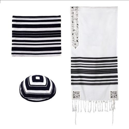 Woven Tallit with Stripes-Pomegranate Atara-Black (EM-TAL1B)