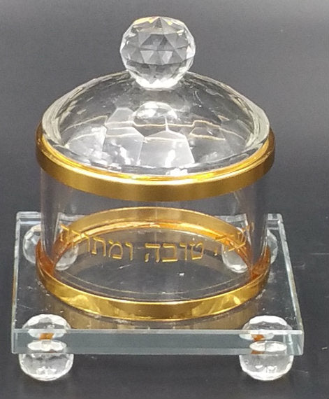 Glass Honey Dish on Base-- Gold (HD-AVI11203) - Riverdale Judaica