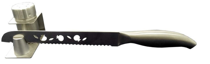 Karshi Stainless Steel Challah Knife & Salt Shaker-- Laser Engraved Pomegranates (KN-7028)