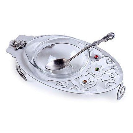 Lily Art Stainless Steel Tulips and Glass Honey Dish (HD-907503) - Riverdale Judaica