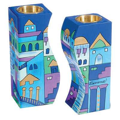 Blue Jerusalem Fitted Candlesticks - Riverdale Judaica