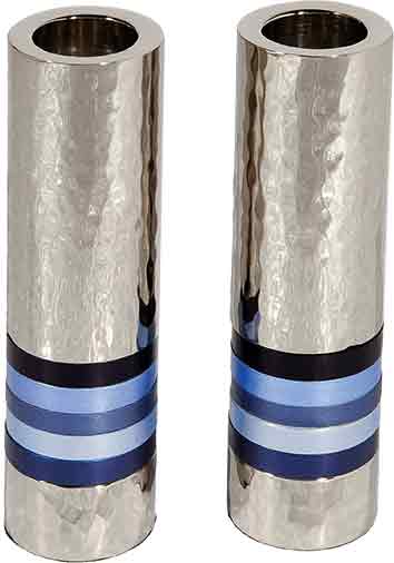 Emanuel Cylinder Shaped Hammered Candlesticks- Blues (EM-CSO2) - Riverdale Judaica