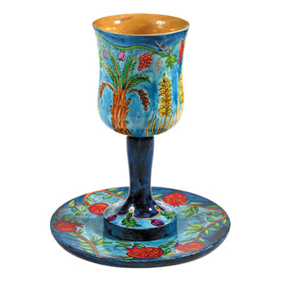 Blue Seven Species Wooden Kiddush Cup and Plate Set (EM-CU3) - Riverdale Judaica