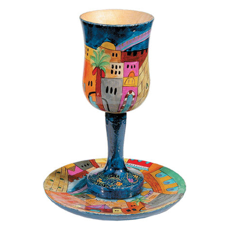 Jerusalem Night Large Wooden Kiddush Cup and Saucer (EM-CUL1) - Riverdale Judaica