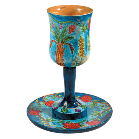 Blue 7 Species Large Wooden Kiddush Cup and Saucer (EM-CUL3) - Riverdale Judaica