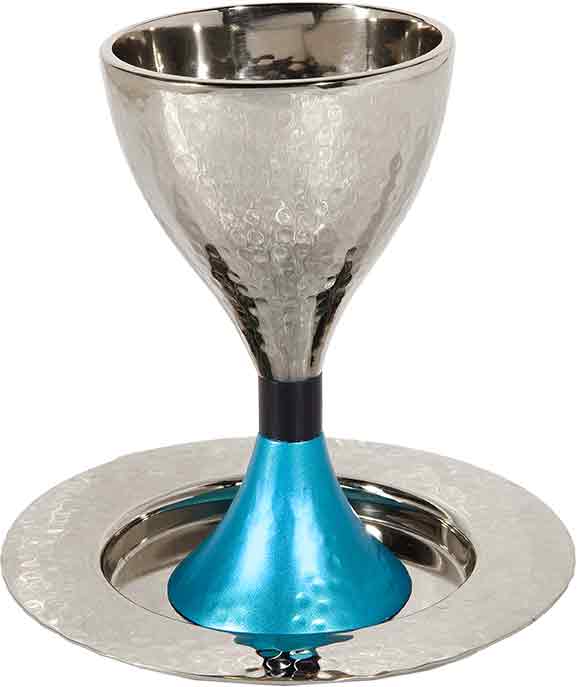 Emanuel Hammered Kiddush Cup Modern- Turquiose Pedastal (EM-CUS3) - Riverdale Judaica